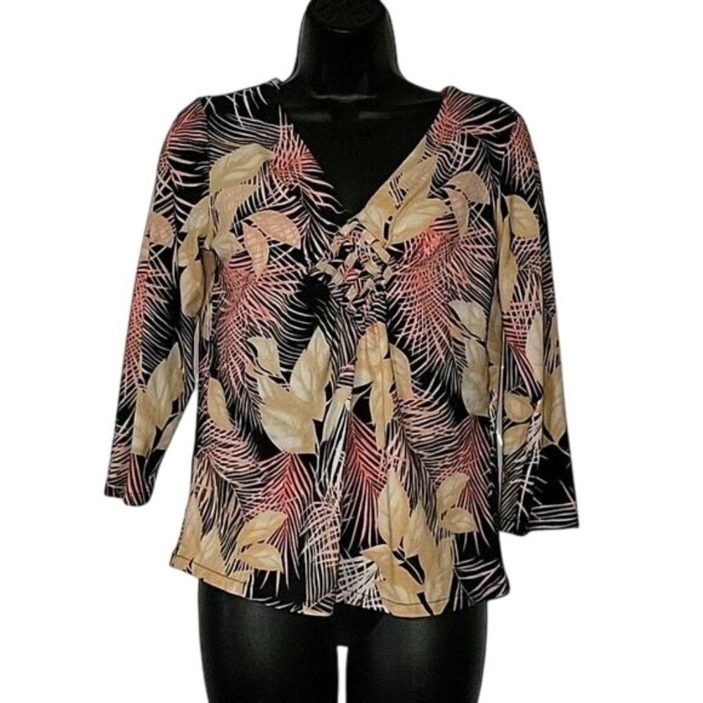 Caribbean Joe Leaf Print V-Neck Stretch Top Womens Sizeโ M Black/Pink